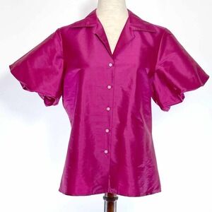 Lauren Ralph Lauren 100% Silk Top Womens Sz LG Pink Short Balloon Puff Sleeves